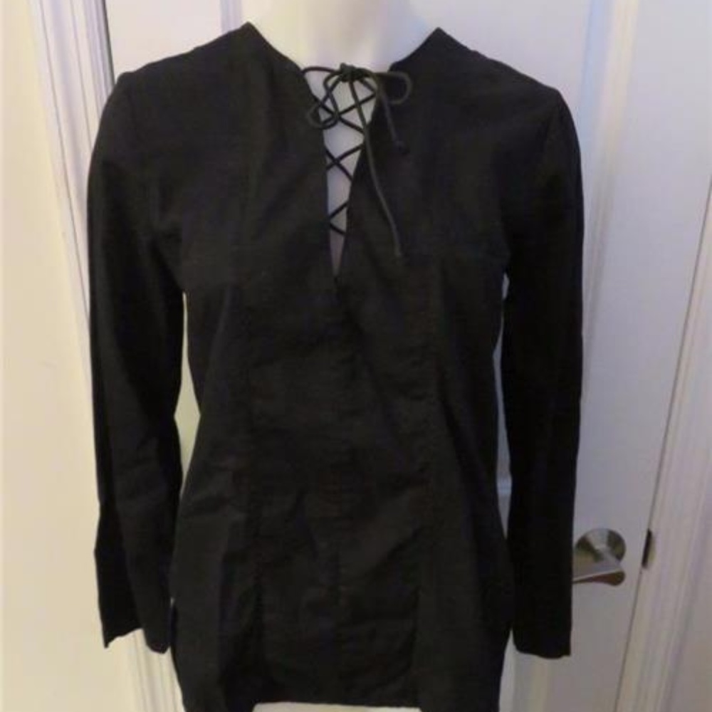 MCGUIRE BLACK COTTON LONG SLEEVE TOP LACE UP XS